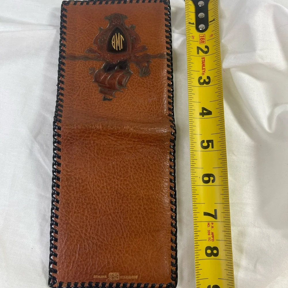 Vintage Brown Leather Wayfarer Wallet Monogrammed Steer hide.